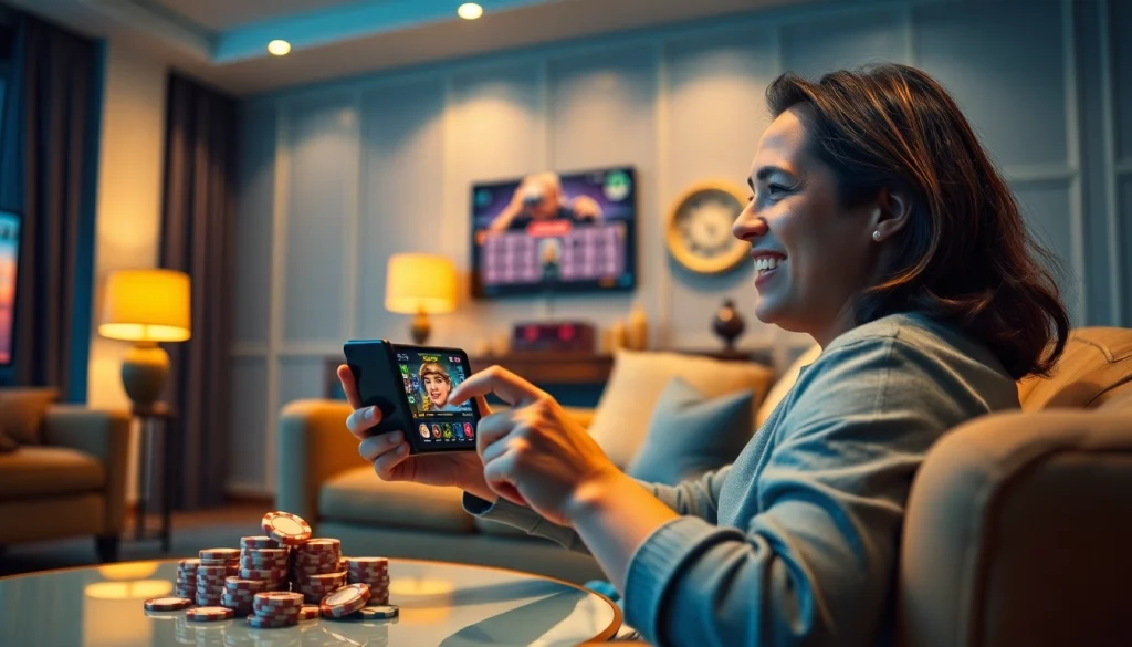 Engaged player enjoying MV88 game on smartphone in a stylish living room.