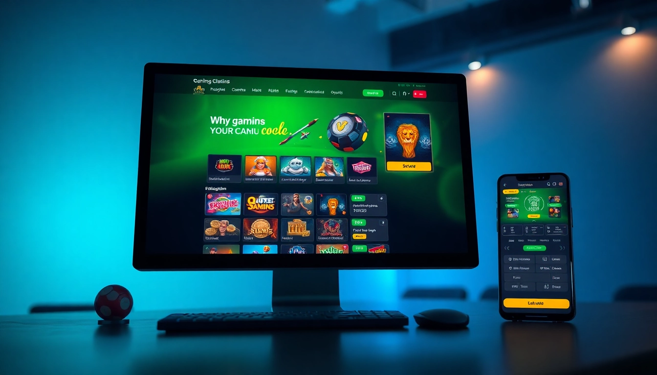 Online gambling platform interface on desktop and mobile, showcasing https://whycazino.com features.