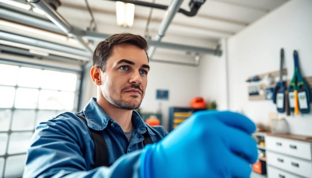Skilled technician performing Garage Door Repair in a well-lit garage workspace.