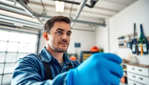 Skilled technician performing Garage Door Repair in a well-lit garage workspace.