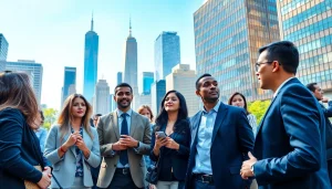 Explore jobs new york opportunities with diverse professionals networking in an urban setting.