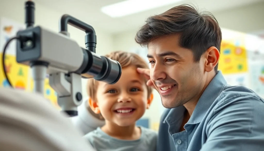 Our Children's Vision highlights a caring eye doctor examining a child in a pediatric clinic.