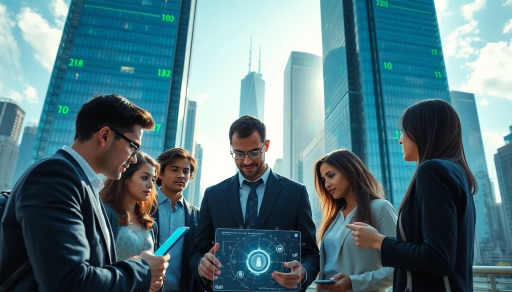 Engaged professionals using technology to innovate in a vibrant cityscape.