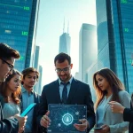 Engaged professionals using technology to innovate in a vibrant cityscape.