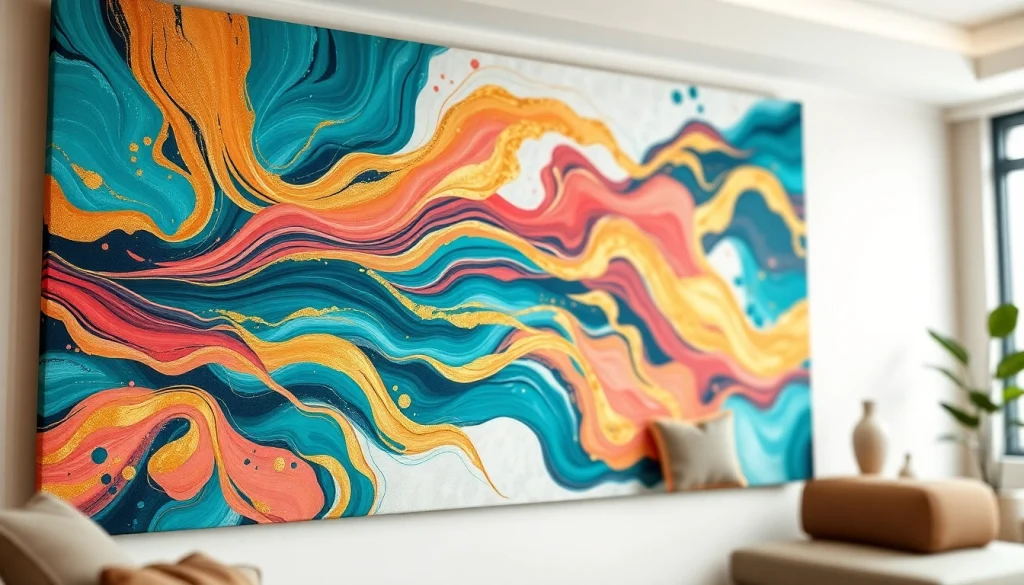 Showcasing vibrant canvas wall art with abstract design and warm colors in a cozy setting.