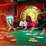 Players winning at a poker table in a lively 89bet casino environment, with vibrant chips and cards.