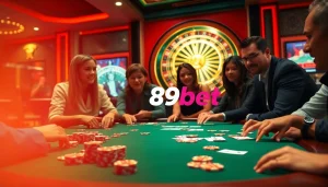 Players winning at a poker table in a lively 89bet casino environment, with vibrant chips and cards.