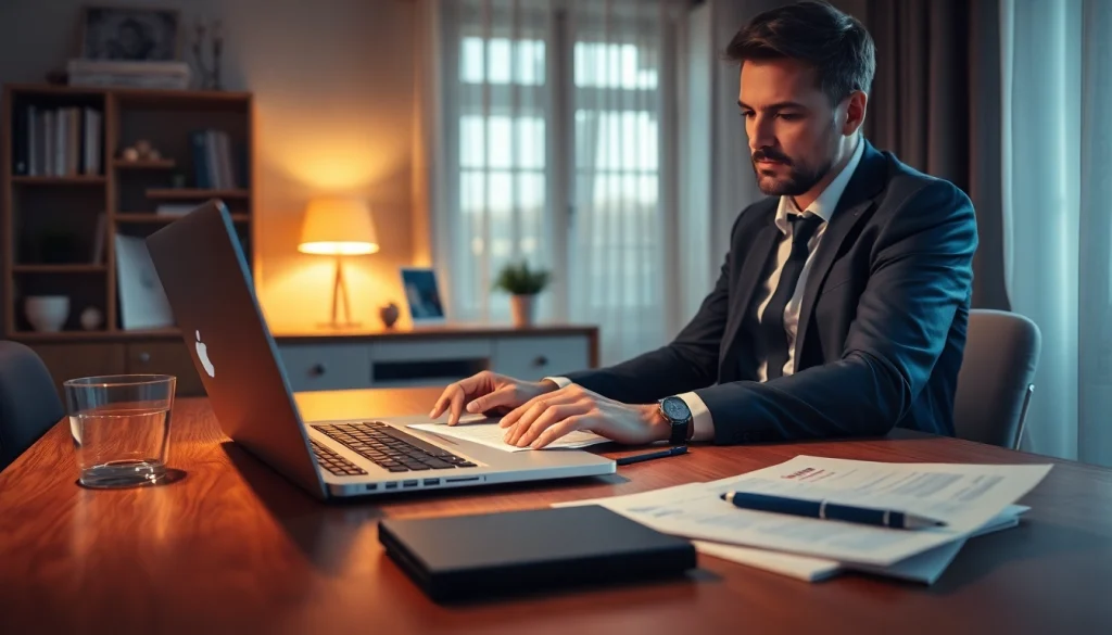 Calcolare il rendimento investimento casa con un imprenditore al lavoro, documenti e laptop visibili.