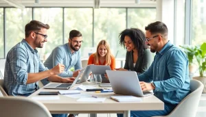 Engaged professionals brainstorming ideas at https://whocanonline.com in an inspiring office environment.