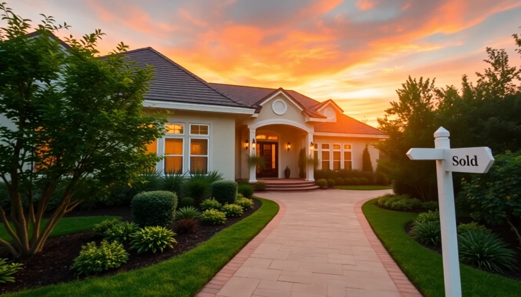 Real Estate agent presenting a stunning house with a welcoming garden and sunset backdrop.