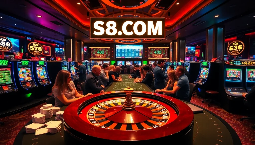 Experience the excitement of S8.COM in a lively casino setting featuring roulette, slots, and poker players.