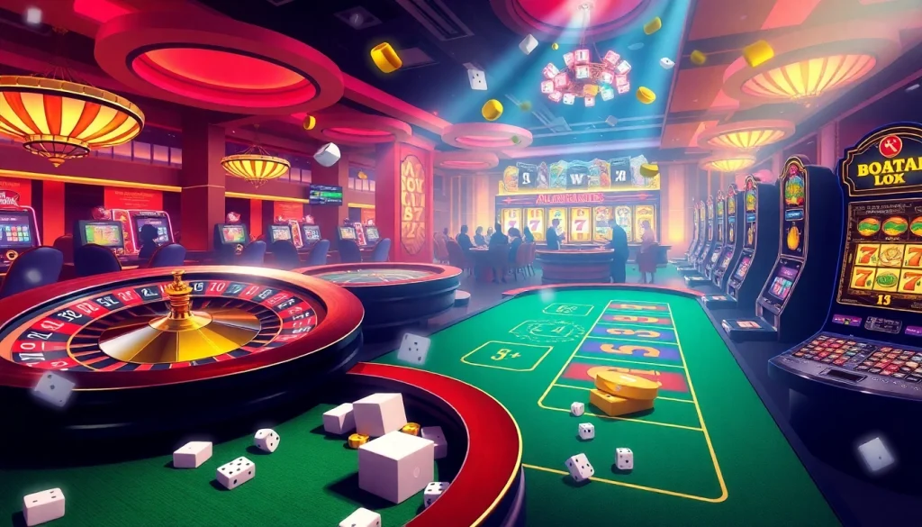 Vibrant casino scene featuring KJC AC 1 with roulette wheels, poker tables, and slot machines.