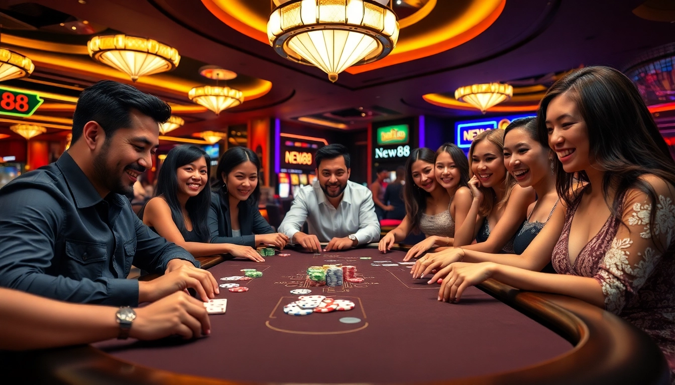 Engaged players at a New88 gaming table creating a vibrant casino atmosphere.