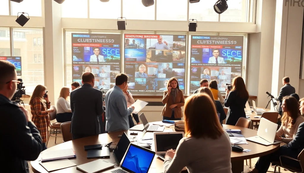 Reporters collaborating in a newsroom at https://saudiwadi.com, focused on breaking news.