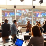 Reporters collaborating in a newsroom at https://saudiwadi.com, focused on breaking news.