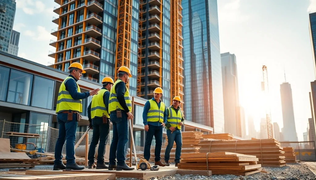 New York General Contractor managing a construction project with skilled workers and iconic NYC skyline.