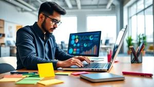 Engaged professional at work with a laptop, showcasing https://wpedition.com's innovative office space