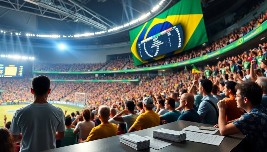 Cheerful fans enjoying sports betting in Brazil during a live event with excitement.