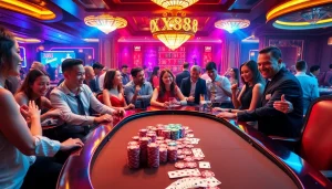 Experience the excitement of gambling at XX88 with players enjoying poker and roulette in a vibrant casino setting.