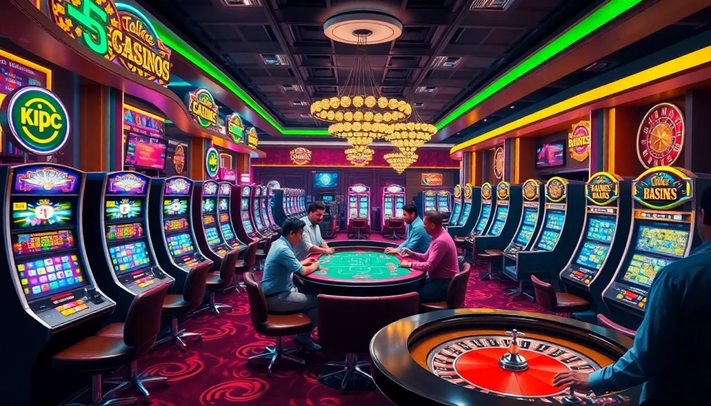 KJC AC 2 interior of a vibrant casino filled with slot machines and poker tables, showcasing excitement in gambling activities.