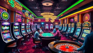 KJC AC 2 interior of a vibrant casino filled with slot machines and poker tables, showcasing excitement in gambling activities.