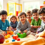 Children engaged in joyful activities at https://juniorsjunction.com, highlighting a vibrant daycare environment.
