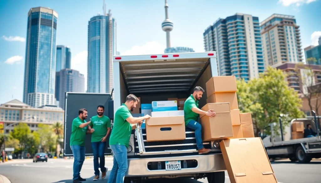 Efficient Toronto moving services team loading belongings into a truck in an urban setting.