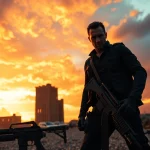 Hero in action-packed thriller scene depicts tension and suspense against a dramatic backdrop.