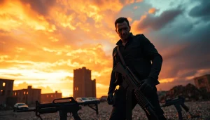 Hero in action-packed thriller scene depicts tension and suspense against a dramatic backdrop.