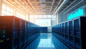 Dynamic cloud mining operation featuring advanced servers and clean energy solutions in a professional data center.