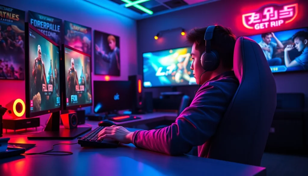 Menggambarkan aksi dalam bolahiu game dengan pemain bersemangat di lingkungan gaming modern.