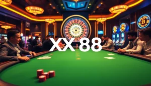 Intense poker game scene featuring XX88 logo, highlighting strategic gameplay and excitement.
