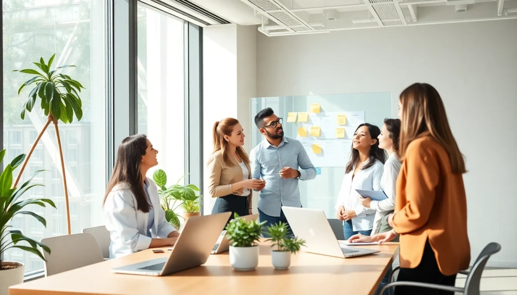 Collaboration à https://kolivent.com dans un bureau moderne, lumière naturelle inspirante et ambiance dynamique.