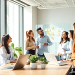 Collaboration à https://kolivent.com dans un bureau moderne, lumière naturelle inspirante et ambiance dynamique.