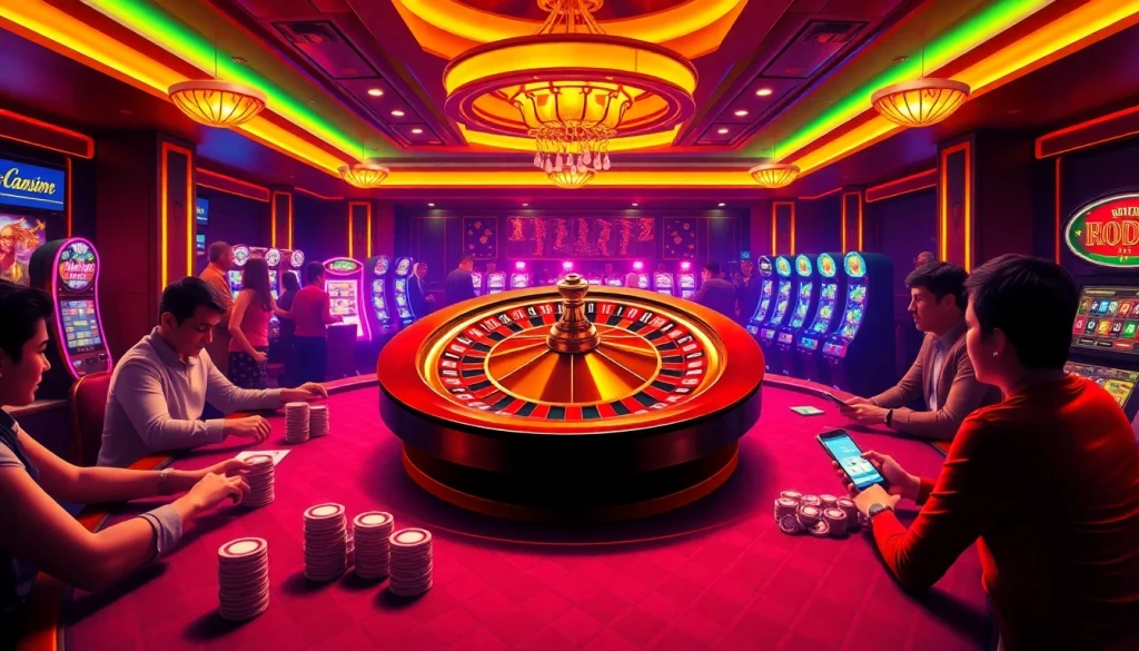 Experience thrilling gameplay at https://xx88.now/ featuring poker tables, vibrant slot machines, and excited players.