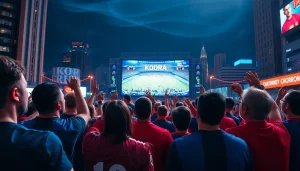 Fans enjoying a thrilling Koora live match in an energetic urban setting, celebrating the moment.