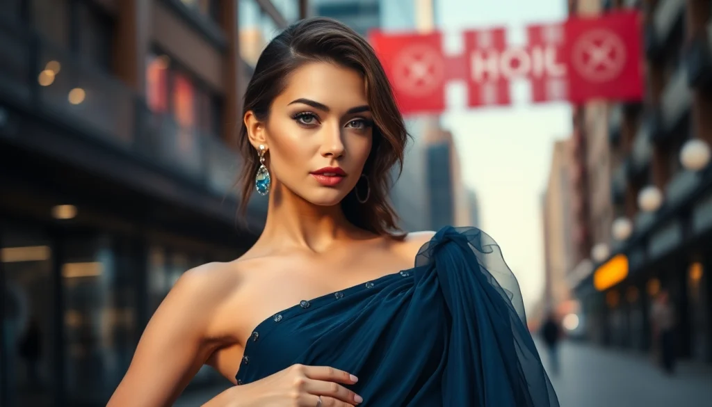 Shop custom evening wear at https://primadonsanddonnas.com with stunning dress details in an urban setting.