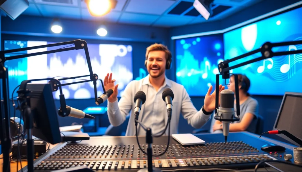 Engaging radio host at https://www.westcentralsbest.com studio with vibrant sound waves.