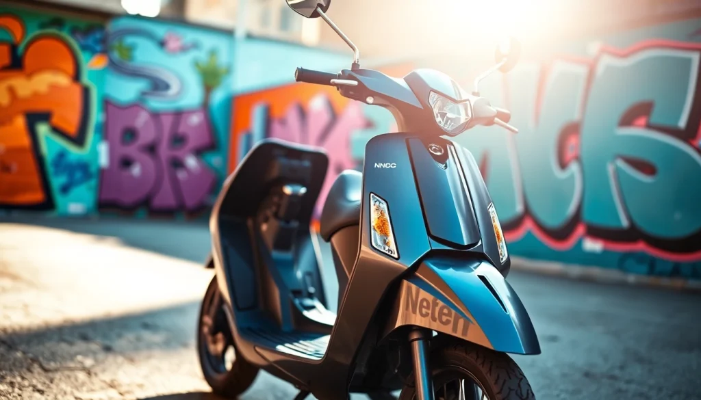 Roller 50ccm kaufen: Stilvoller 50cc Scooter vor urbanem Hintergrund mit bunten Graffiti