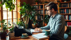 Capturing the spirit of https://www.unsustainablemagazine.com through a journalist writing in an eco-friendly office.