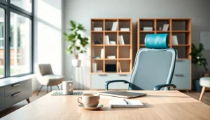 Modern office furniture arrangement featuring a sleek desk and ergonomic chair for productivity.