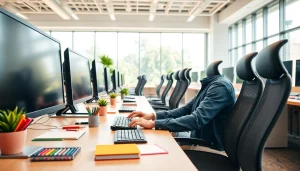 Discover the vibrant typing center with modern workstations and natural lighting.