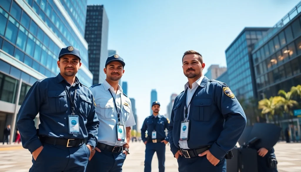 Security Guards confidently protecting a modern urban area, showcasing professionalism and authority.