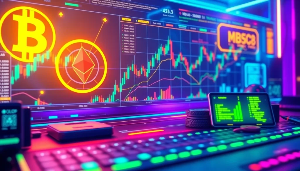 Kalkulator zysków z handlu kryptowalutami z wizualizacjami smart kontraktów i elementami bezpieczeństwa blockchain.