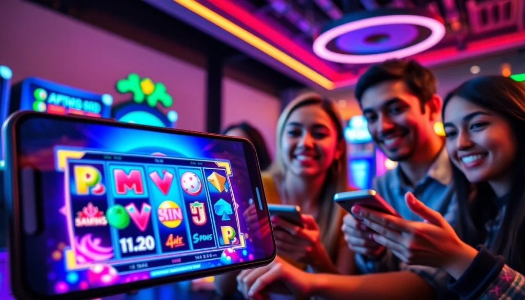 Engaging scene of players immersed in MV88 game on smartphones, showcasing vibrant gaming atmosphere.