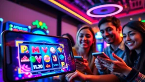 Engaging scene of players immersed in MV88 game on smartphones, showcasing vibrant gaming atmosphere.