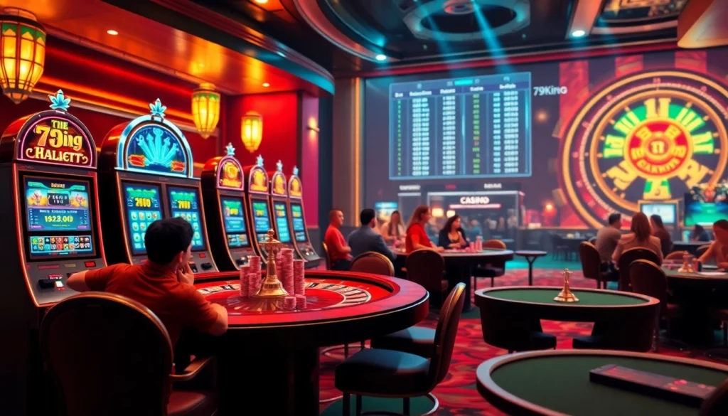 The 79king app showcased in an exhilarating casino scene filled with vibrant slot machines and a roulette wheel.