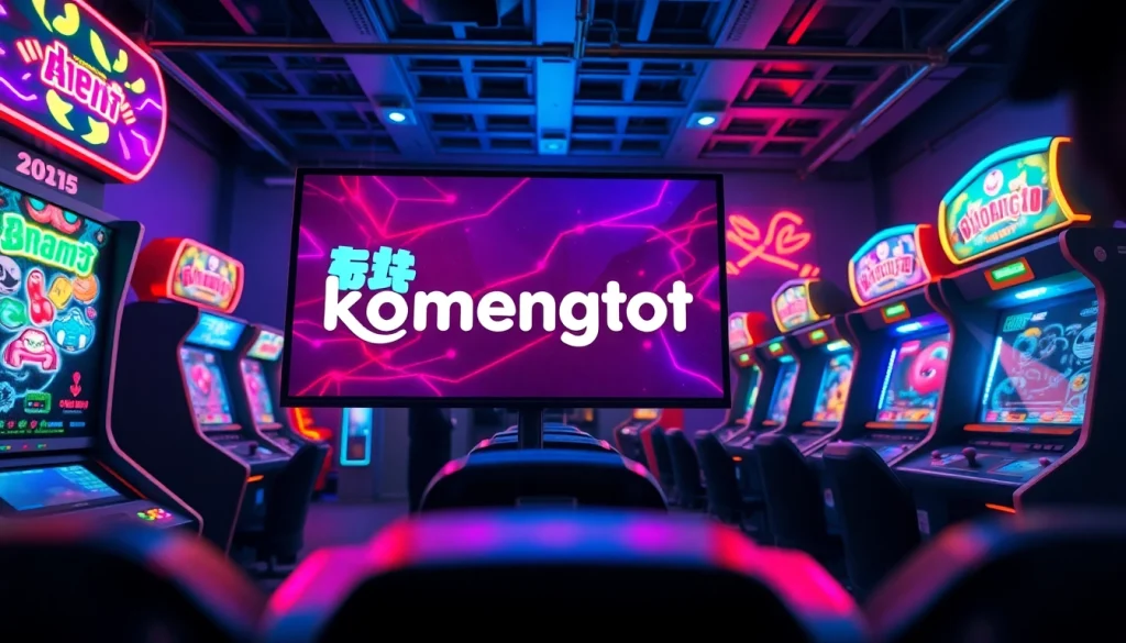 Permainan menarik di layar digital komengtoto yang dikelilingi mesin arcade yang berwarna-warni.