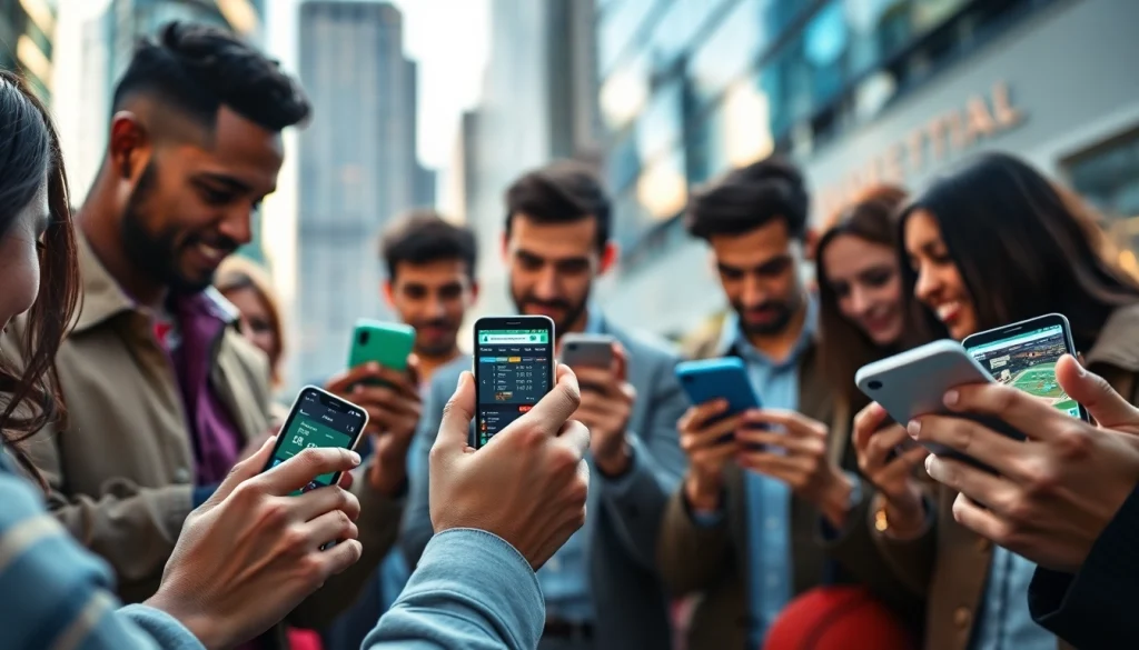Engaged users accessing best sports betting apps in India on mobile devices in a lively urban environment.