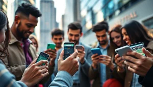 Engaged users accessing best sports betting apps in India on mobile devices in a lively urban environment.